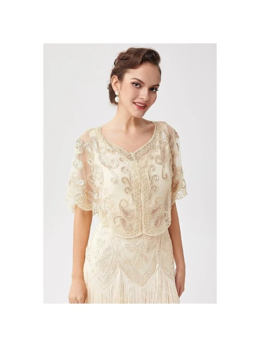 Babeyond 1920s  Shawl Wraps Beaded Evening Cape Bridal Shawl Cover Up (Beige) - Picture 2 of 6